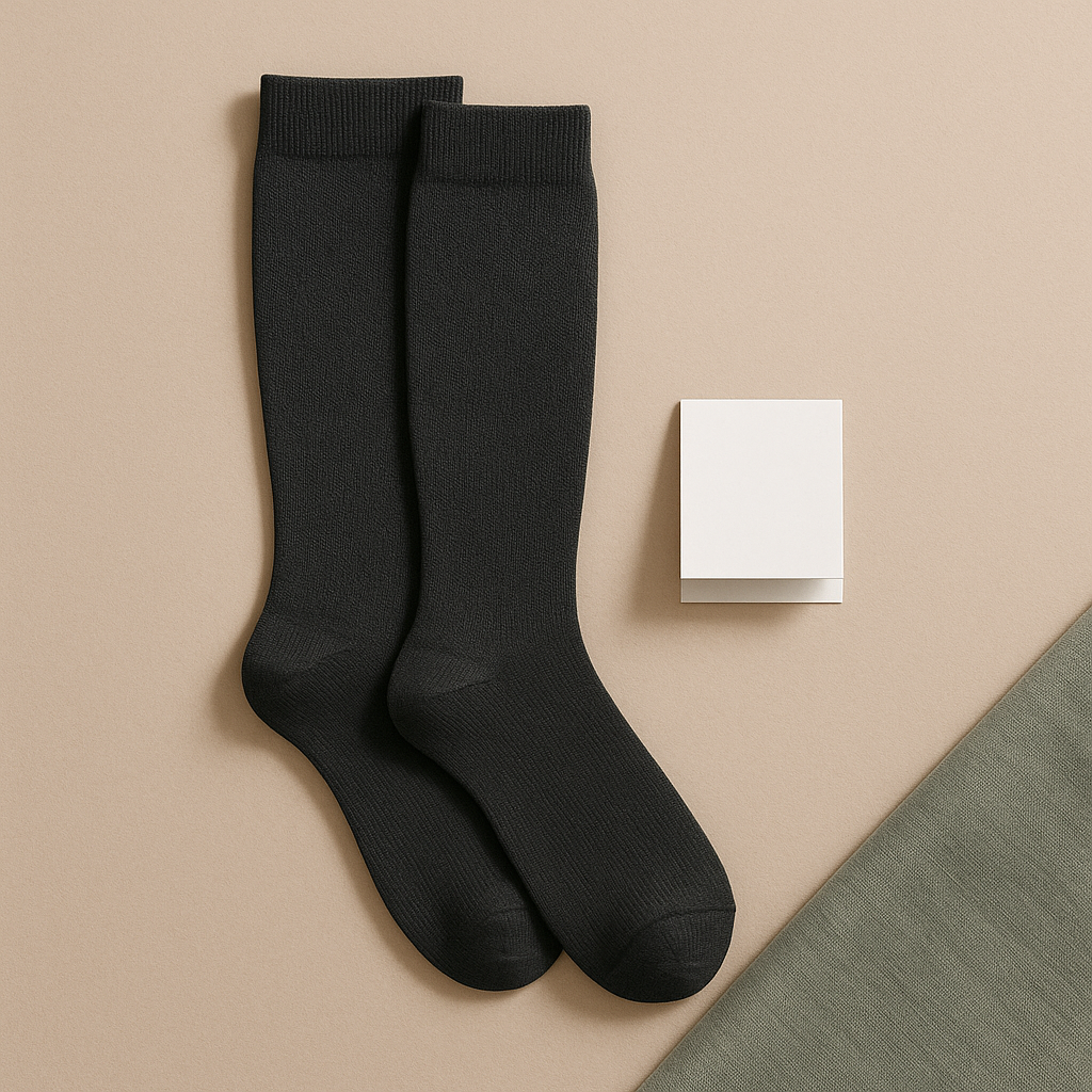 Chaussettes de compression posées à plat avec guide des tailles