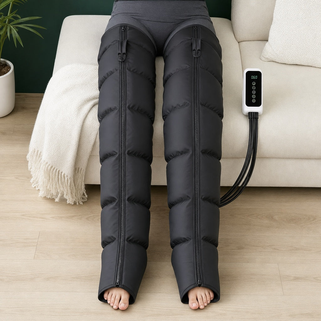 Bottes de pressothérapie rekkøv portées, hauteur mi-cuisse, orteils libres